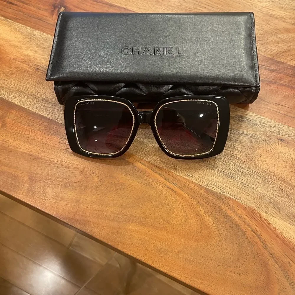 CHANEL Black and Gold Square Sunglasses New